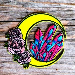 Yellow Moon Crystal Flowers Witchy New Age Magick Embroidered Iron on Patch